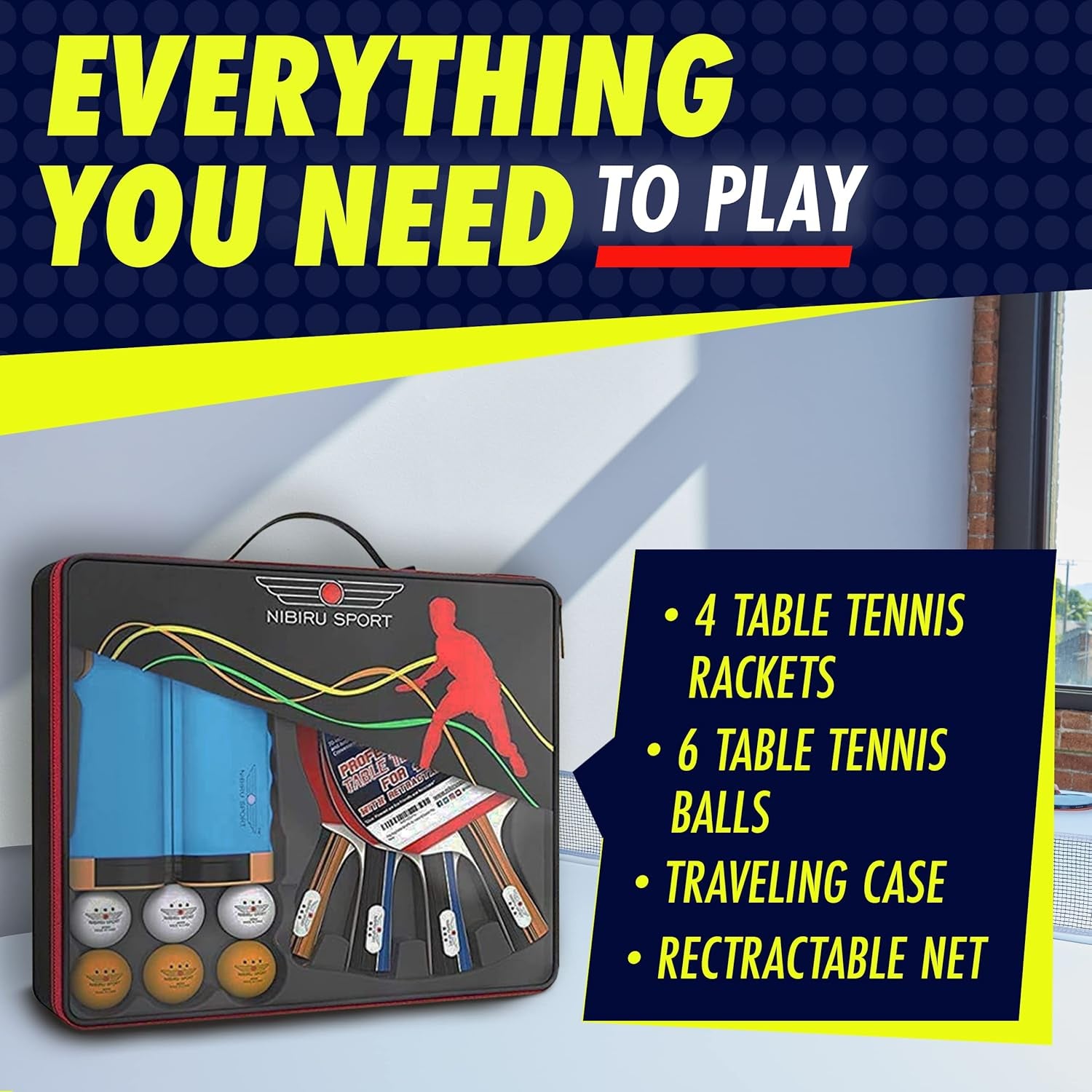 Ping Pong Paddle Set with Rackets, Net, Balls & Carry Case for Table Tennis