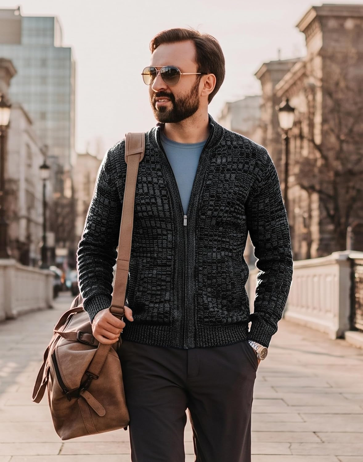 Men'S Cardigan Sweaters Full Zip up Slim Fit Stand Collar